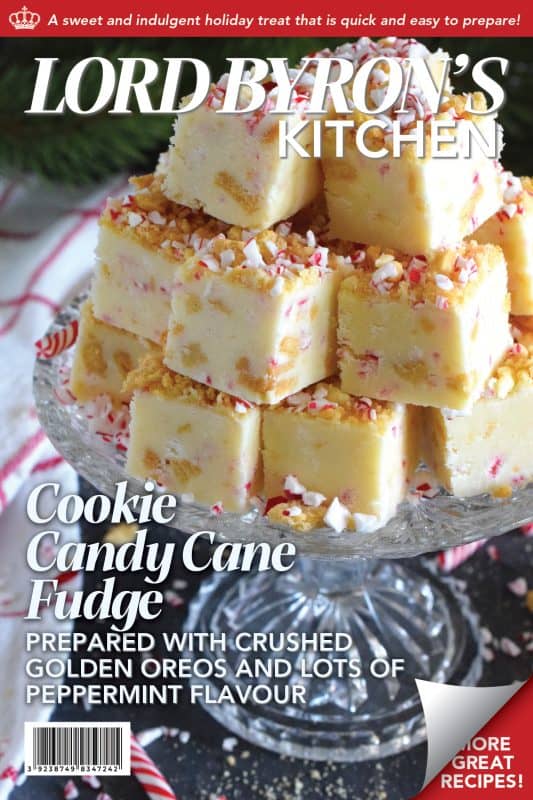 This no-bake fudge recipe is packed full of crushed cookies and crushed candy canes too. Made with melted white chocolate and canned sweetened condensed milk, Cookie Candy Cane Fudge is super easy and fast to make and tastes delicious too! #fudge #candycane #peppermint #nobake #cookie