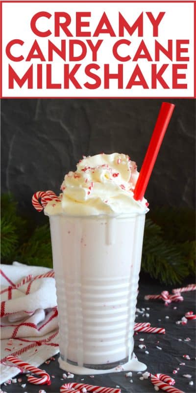 One doesn't often think about a cold beverage in the cooler months, but who could resist this Creamy Candy Cane Milkshake when it tastes so great and looks so good!? These are so easy to make! Top with whipped cream and crushed candy canes to add some festive flair! #milkshake #candycane #peppermint #christmas