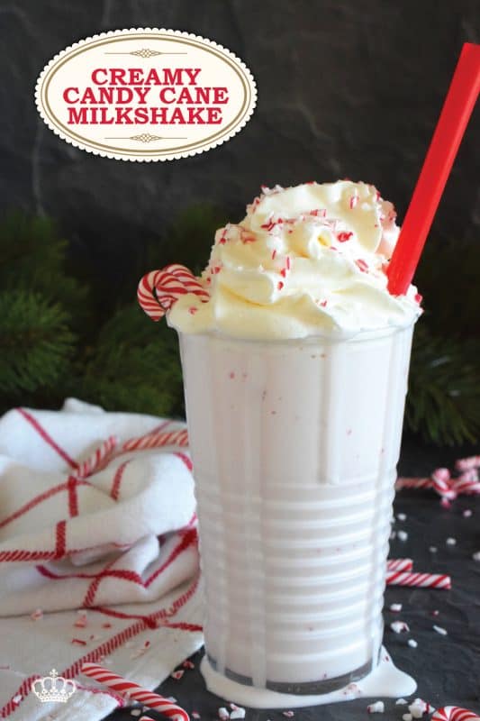 One doesn't often think about a cold beverage in the cooler months, but who could resist this Creamy Candy Cane Milkshake when it tastes so great and looks so good!? These are so easy to make! Top with whipped cream and crushed candy canes to add some festive flair! #milkshake #candycane #peppermint #christmas