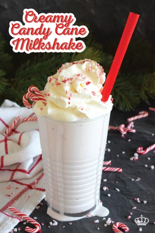 One doesn't often think about a cold beverage in the cooler months, but who could resist this Creamy Candy Cane Milkshake when it tastes so great and looks so good!? These are so easy to make! Top with whipped cream and crushed candy canes to add some festive flair! #milkshake #candycane #peppermint #christmas
