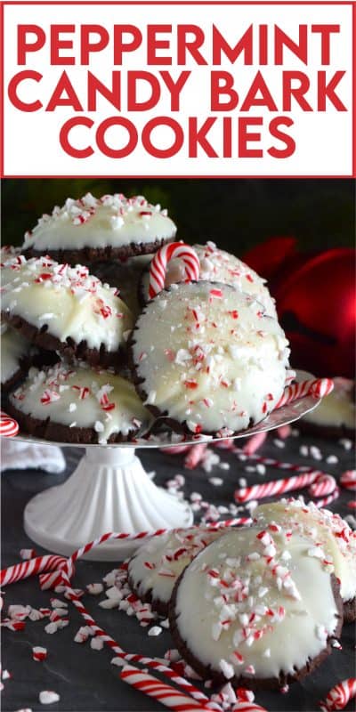 Peppermint Candy Bark Cookies are prepared with a deep, rich, chocolate cookie base made extra chocolatey with good cocoa.  Infused with lots of candy cane flavour, they look extra festive with a quick dip in melted bark and a sprinkling of crushed candy canes. #chocolate #candycanes #peppermint #almondbark #cocoa