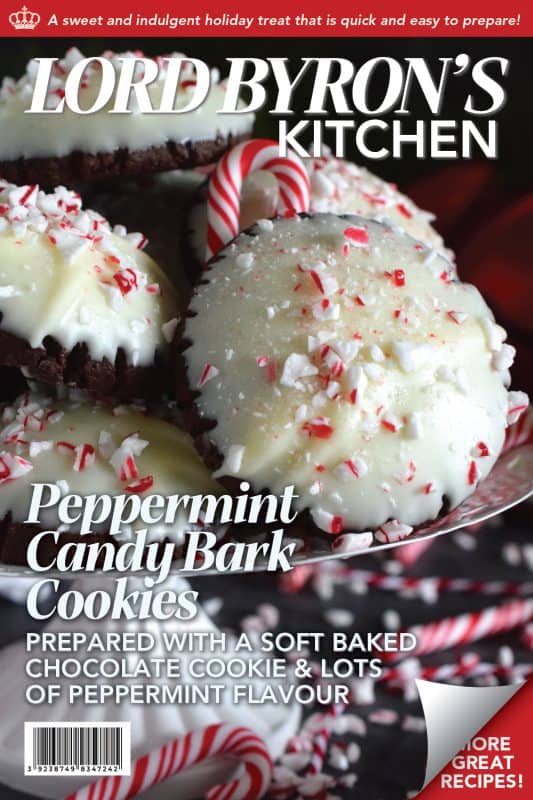 Peppermint Candy Bark Cookies are prepared with a deep, rich, chocolate cookie base made extra chocolatey with good cocoa.  Infused with lots of candy cane flavour, they look extra festive with a quick dip in melted bark and a sprinkling of crushed candy canes. #chocolate #candycanes #peppermint #almondbark #cocoa