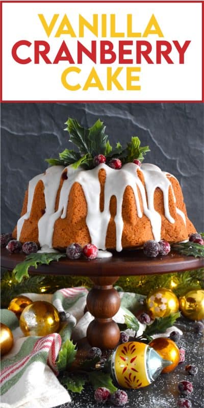 A simple and rustic cake that starts with butter, sugar, and eggs.  This Vanilla Cranberry Cake is heavily flavoured with vanilla extract, and tart, fresh cranberries.  Prepared with evaporated milk, this cake is pillowy soft and moist! #fresh #cranberry #cranberries #cake #bundt