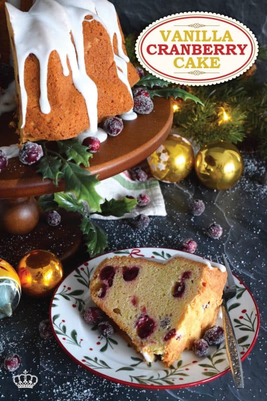 A simple and rustic cake that starts with butter, sugar, and eggs.  This Vanilla Cranberry Cake is heavily flavoured with vanilla extract, and tart, fresh cranberries.  Prepared with evaporated milk, this cake is pillowy soft and moist! #fresh #cranberry #cranberries #cake #bundt