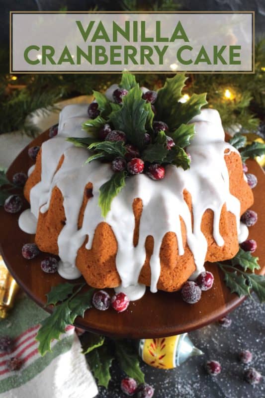 A simple and rustic cake that starts with butter, sugar, and eggs.  This Vanilla Cranberry Cake is heavily flavoured with vanilla extract, and tart, fresh cranberries.  Prepared with evaporated milk, this cake is pillowy soft and moist! #fresh #cranberry #cranberries #cake #bundt