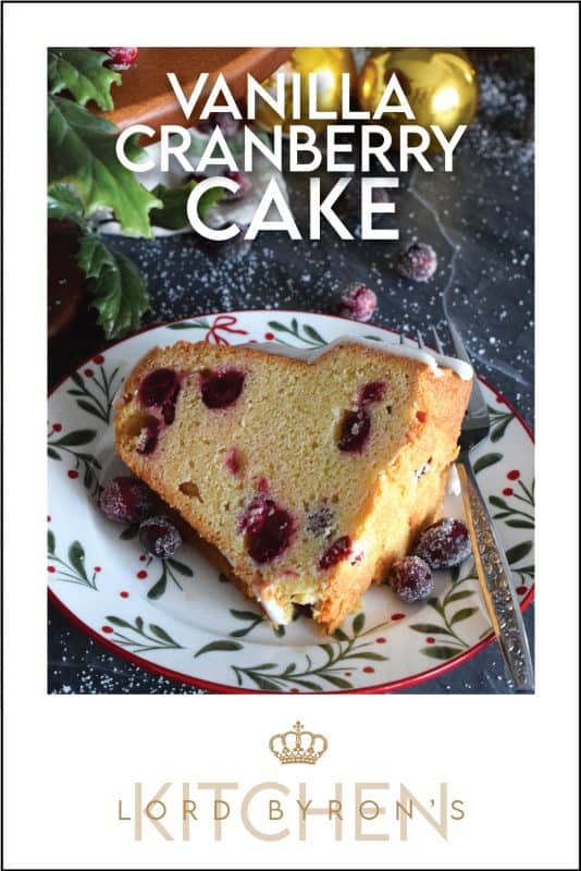 A simple and rustic cake that starts with butter, sugar, and eggs.  This Vanilla Cranberry Cake is heavily flavoured with vanilla extract, and tart, fresh cranberries.  Prepared with evaporated milk, this cake is pillowy soft and moist! #fresh #cranberry #cranberries #cake #bundt
