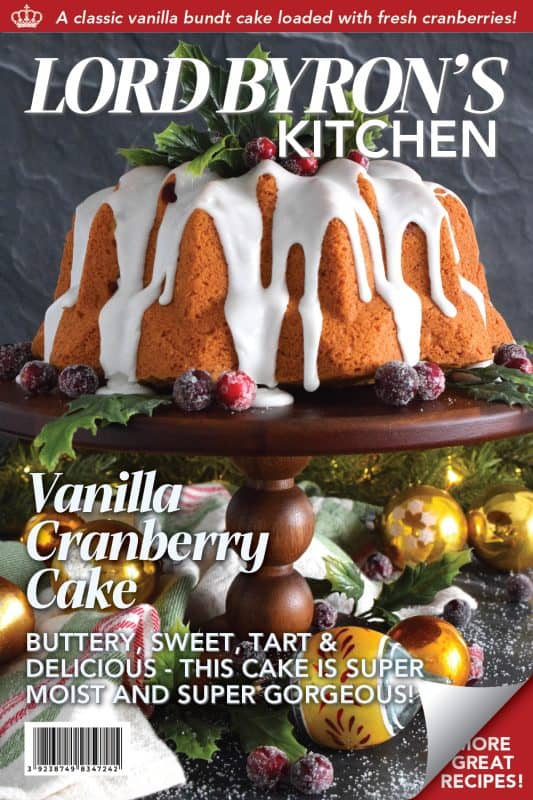 A simple and rustic cake that starts with butter, sugar, and eggs.  This Vanilla Cranberry Cake is heavily flavoured with vanilla extract, and tart, fresh cranberries.  Prepared with evaporated milk, this cake is pillowy soft and moist! #fresh #cranberry #cranberries #cake #bundt