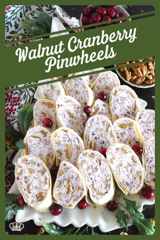Little appetizers made with tortillas are often called pinwheels and they are very popular! Not only are they easy to make and quite delicious too, but they are adaptable to any occasion! This particular pinwheel is stuffed with a slightly sweetened cream cheese and chopped cranberries and toasted walnuts - they are so delicious! #pinwheels #appetizer #cranberry #cranberries #walnuts #christmas #holiday