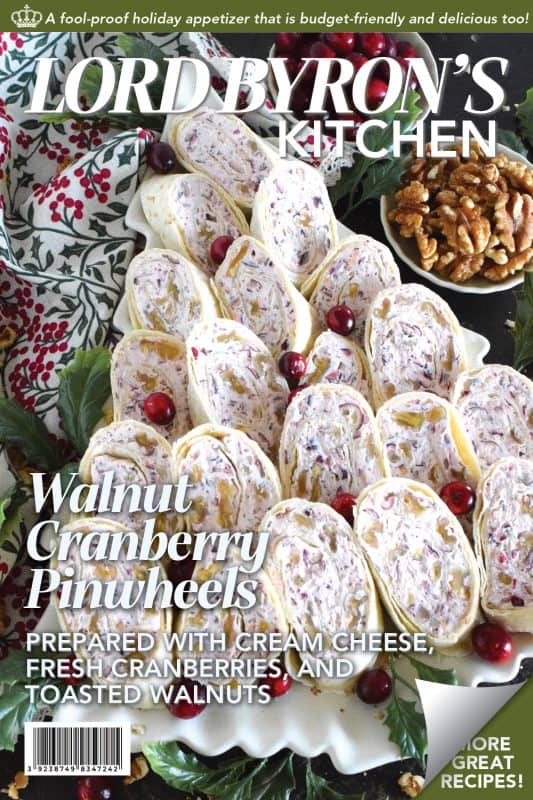 Little appetizers made with tortillas are often called pinwheels and they are very popular! Not only are they easy to make and quite delicious too, but they are adaptable to any occasion! This particular pinwheel is stuffed with a slightly sweetened cream cheese and chopped cranberries and toasted walnuts - they are so delicious! #pinwheels #appetizer #cranberry #cranberries #walnuts #christmas #holiday